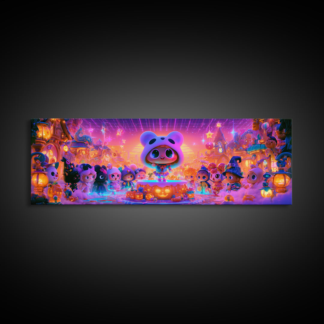 The Trick-Or-Treat Village Square, 80s Halloween Wall Art, Extra Wide Wall Art, Framed Canvas Print, Retro Halloween Decor, Neon Wall Art