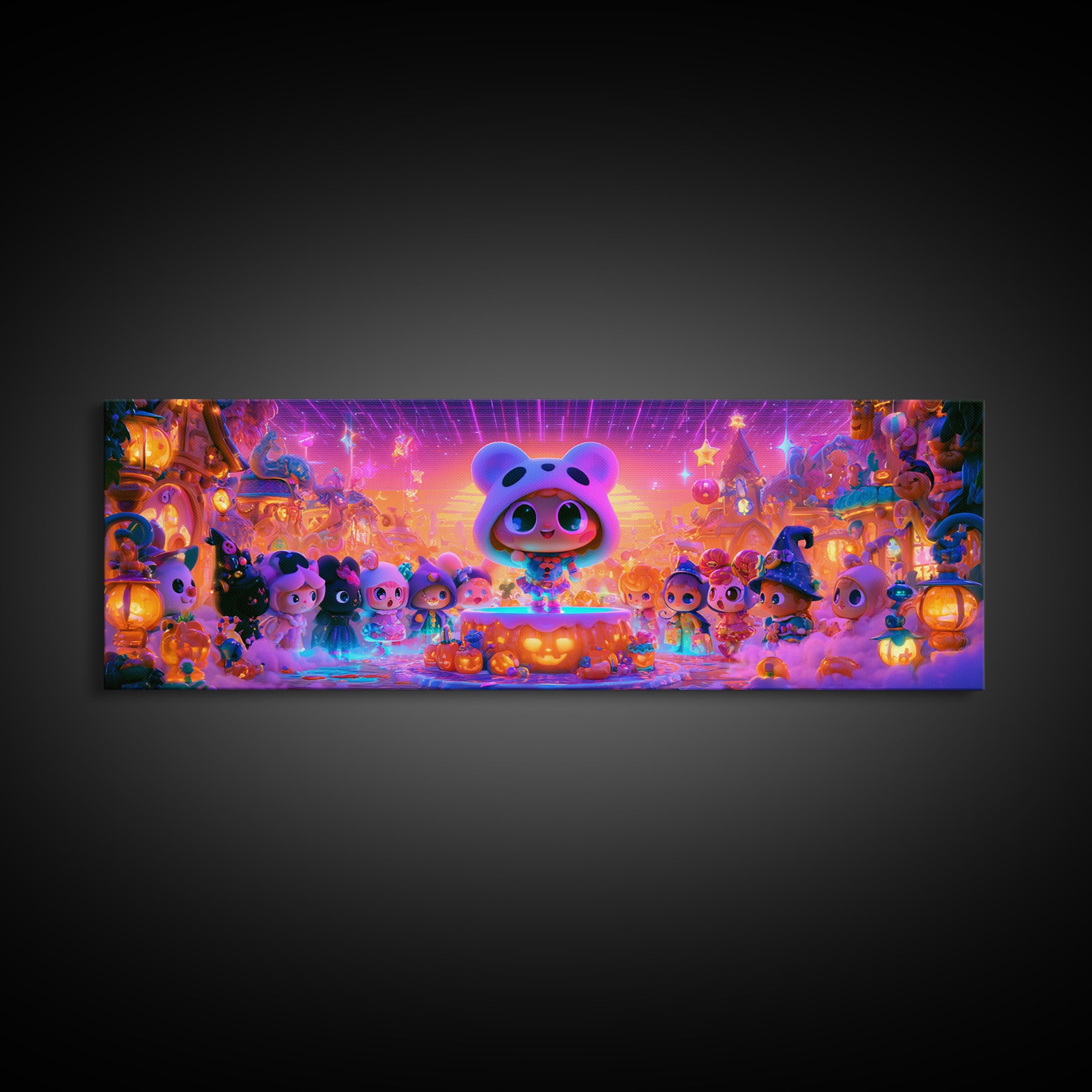 The Trick-Or-Treat Village Square, 80s Halloween Wall Art, Extra Wide Wall Art, Framed Canvas Print, Retro Halloween Decor, Neon Wall Art