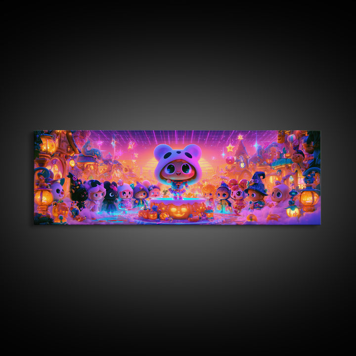 The Trick-Or-Treat Village Square, 80s Halloween Wall Art, Extra Wide Wall Art, Framed Canvas Print, Retro Halloween Decor, Neon Wall Art