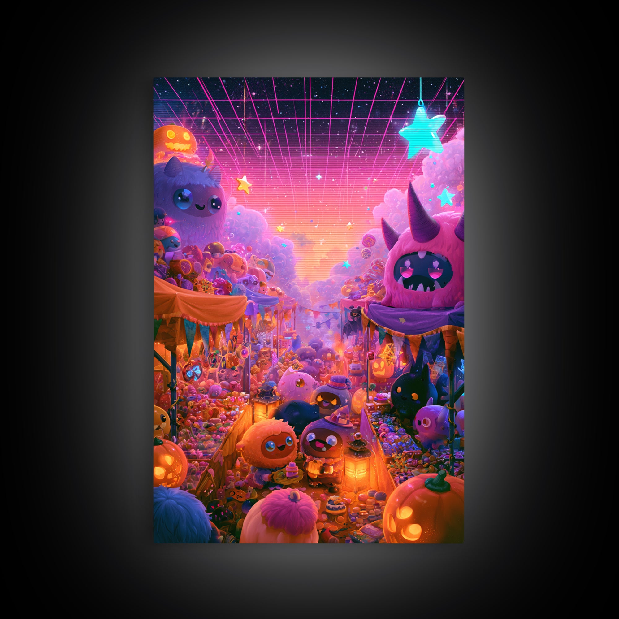 The Friendly Monster Market, Cute Spooky Neon Art, Vertical Wall Art, Framed Canvas Print, Retro Halloween Decor, Neon Wall Art