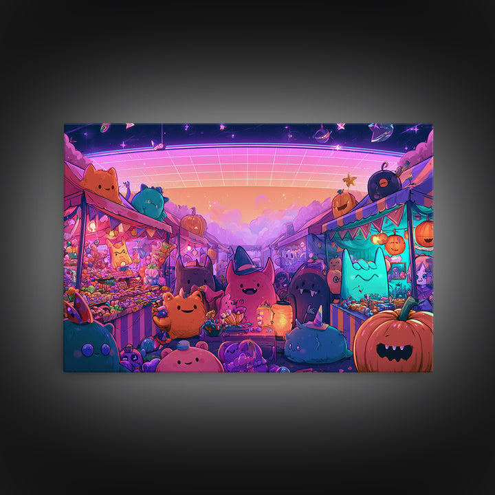The Friendly Monster Market, Vaporwave Halloween Decor, Landscape Wall Art, Framed Canvas Print, Retro Halloween Decor, Neon Wall Art