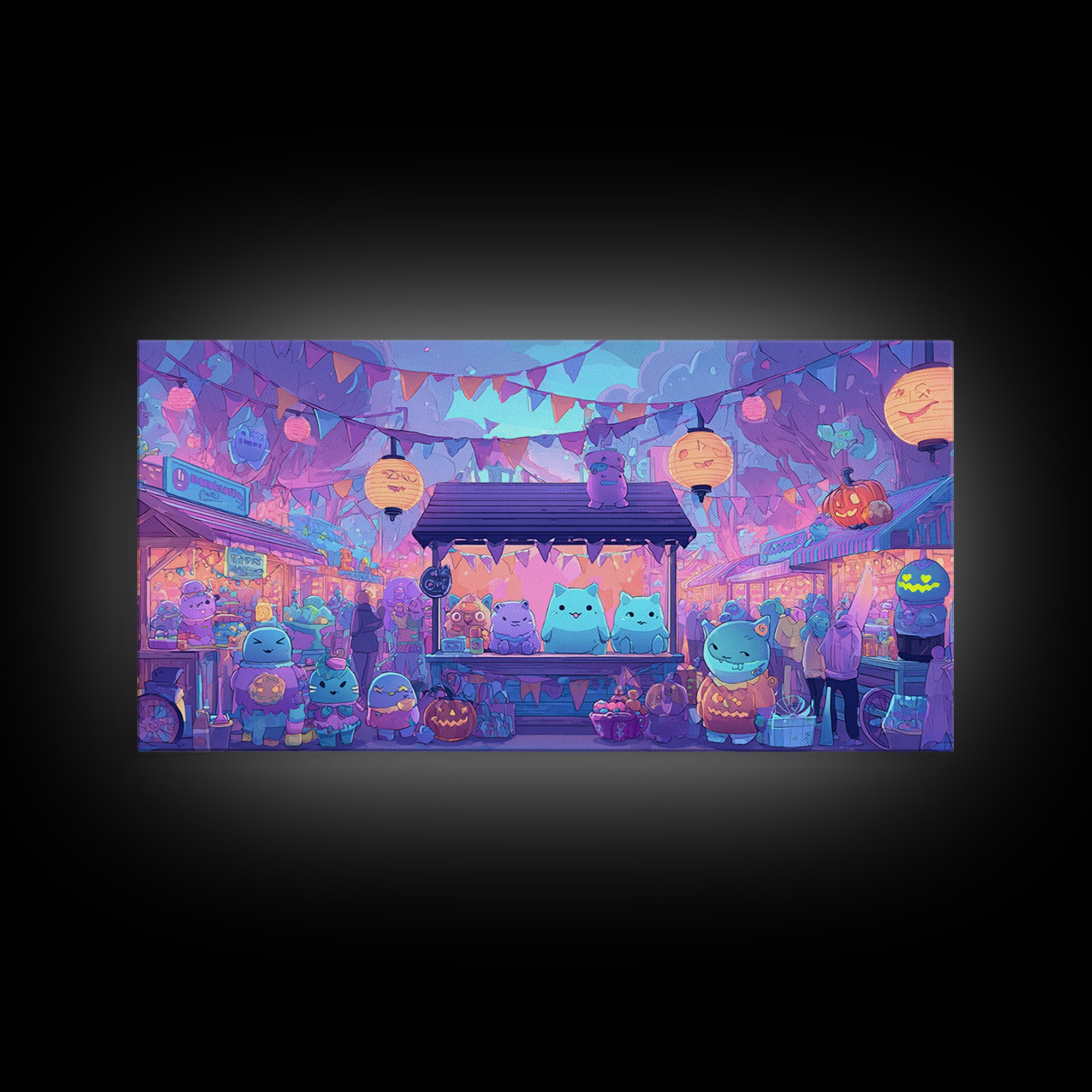 The Friendly Monster Market, 80s Halloween Wall Art, Wide Panoramic Art, Framed Canvas Print, Retro Halloween Decor, Neon Wall Art