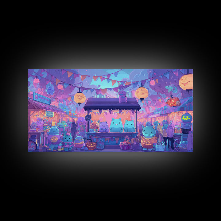 The Friendly Monster Market, 80s Halloween Wall Art, Wide Panoramic Art, Framed Canvas Print, Retro Halloween Decor, Neon Wall Art