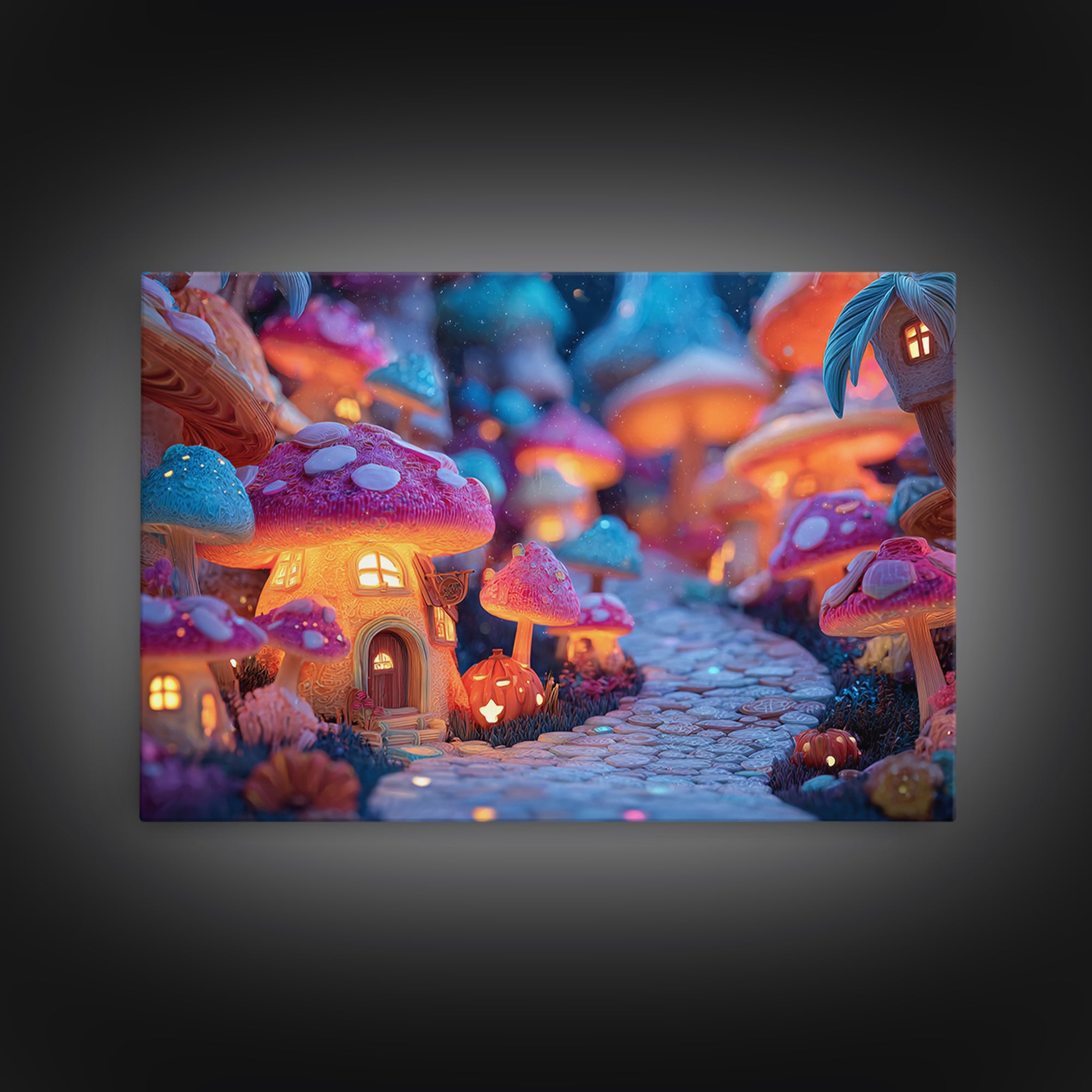 The Lantern-Lit Mushroom Village, Vaporwave Halloween Decor, Landscape Wall Art, Canvas Print, Retro Halloween Decor, Neon Wall Art