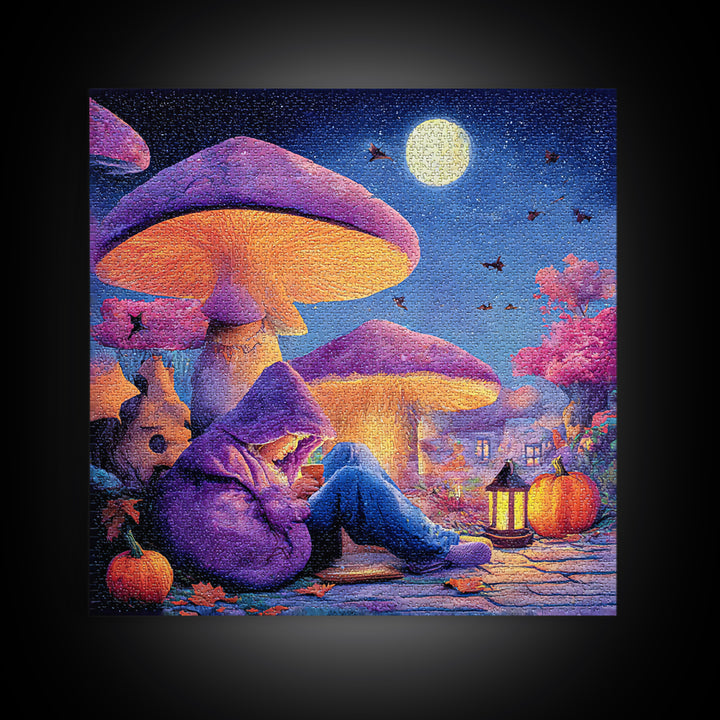 The Lantern-Lit Mushroom Village, Retro Neon Halloween Art, Square Wall Art, Framed Canvas Print, Retro Halloween Decor, Neon Wall Art