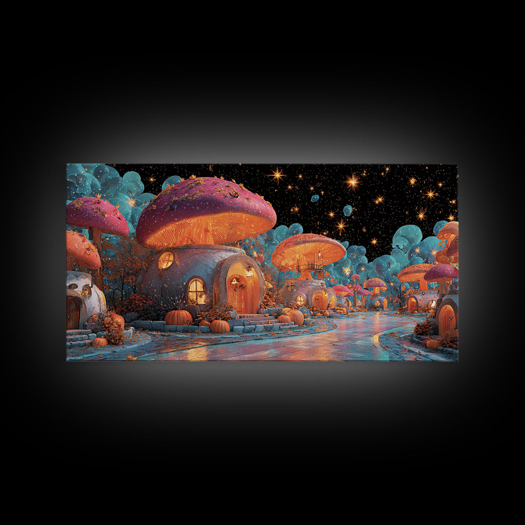 The Lantern-Lit Mushroom Village, Retro Neon Halloween Art, Wide Panoramic Art, Canvas Print, Retro Halloween Decor, Neon Wall Art