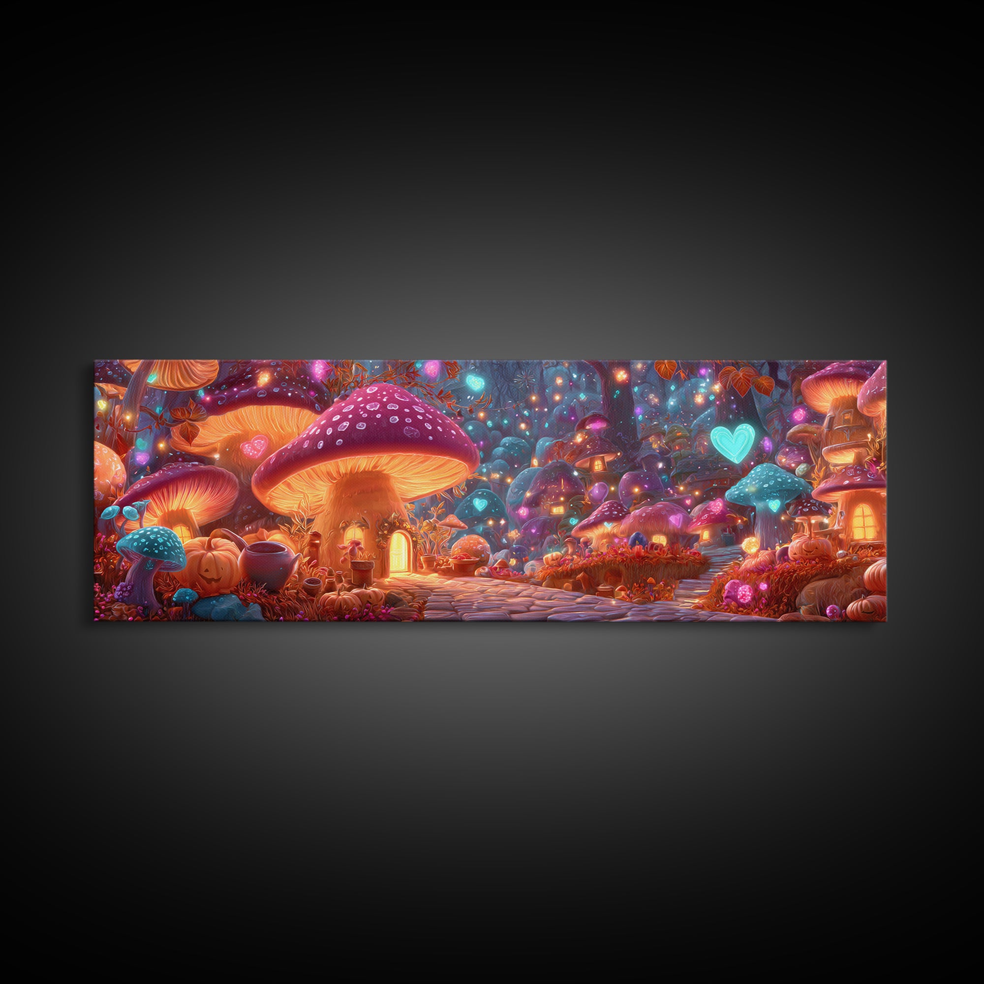 The Lantern-Lit Mushroom Village, 80s Halloween Wall Art, Extra Wide Wall Art, Framed Canvas Print, Retro Halloween Decor, Neon Wall Art