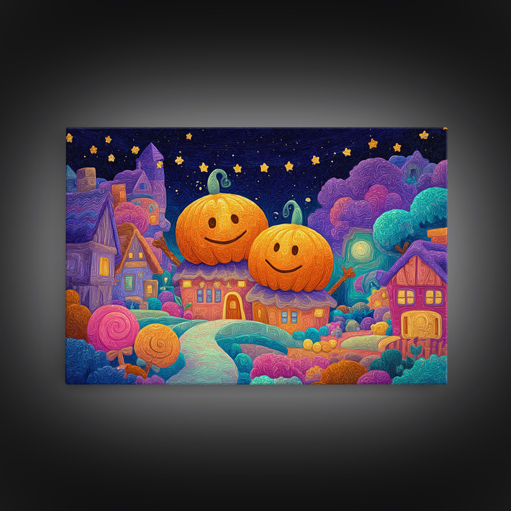 The Starry Pumpkin Farm, Retro Neon Halloween Art, Landscape Wall Art, Canvas Print, Retro Halloween Decor, Neon Wall Art