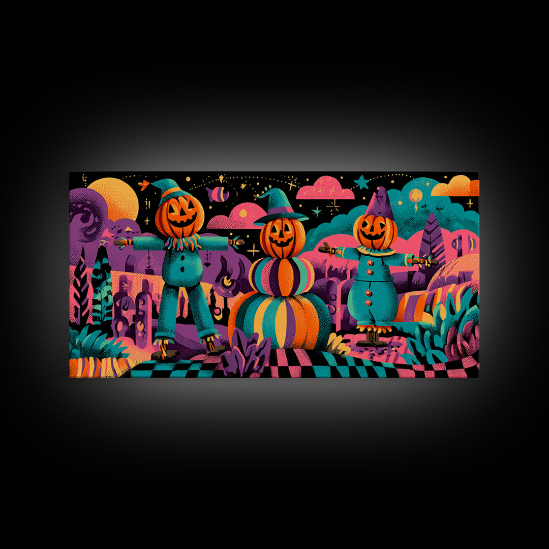 The Starry Pumpkin Farm, 80s Halloween Wall Art, Wide Panoramic Art, Canvas Print, Retro Halloween Decor, Neon Wall Art, Horror Wall Art