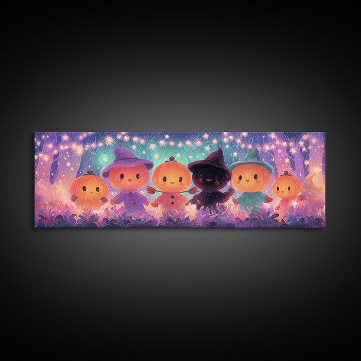 The Starry Pumpkin Farm, Vaporwave Halloween Decor, Extra Wide Wall Art, Framed Canvas Print, Retro Halloween Decor, Neon Wall Art