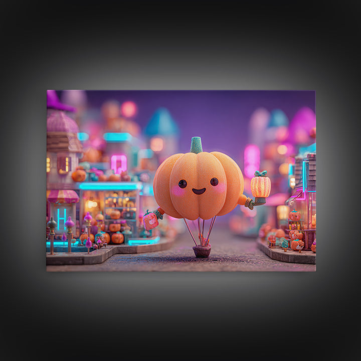 The Pumpkin Balloon Parade, Cute Spooky Neon Art, Landscape Wall Art, Framed Canvas Print, Retro Halloween Decor, Neon Wall Art