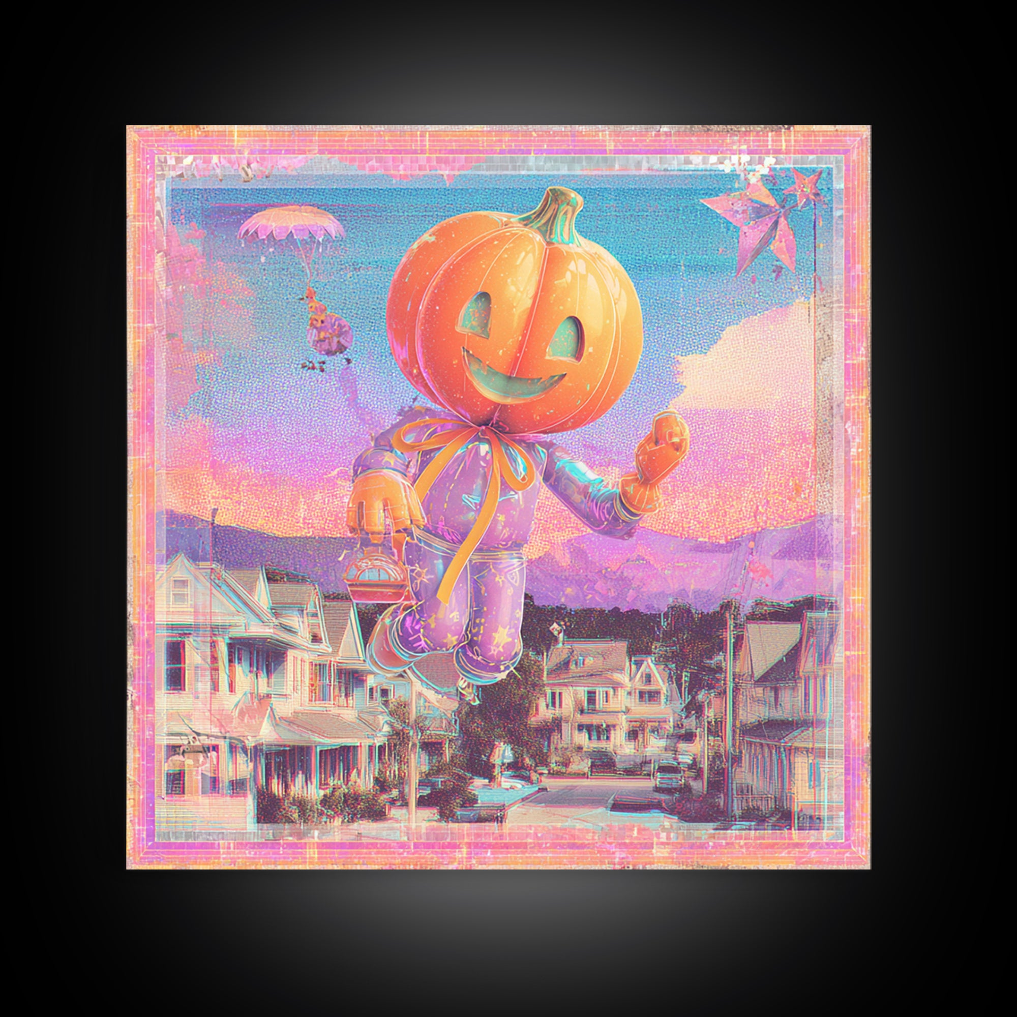 The Pumpkin Balloon Parade, Cute Spooky Neon Art, Square Wall Art, Canvas Print, Retro Halloween Decor, Neon Wall Art, Statement Wall Art