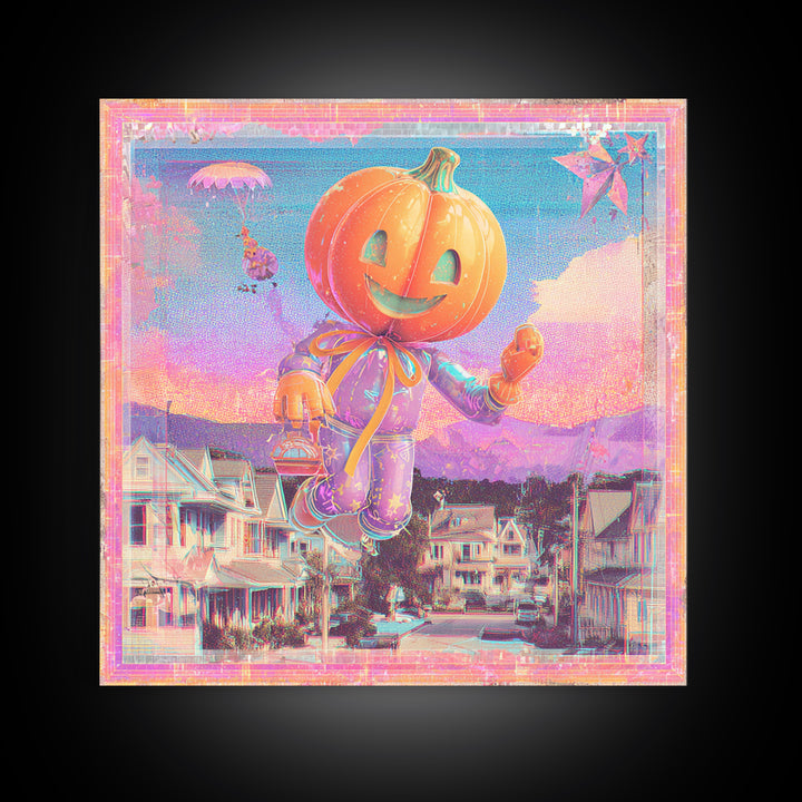 The Pumpkin Balloon Parade, Cute Spooky Neon Art, Square Wall Art, Canvas Print, Retro Halloween Decor, Neon Wall Art, Statement Wall Art