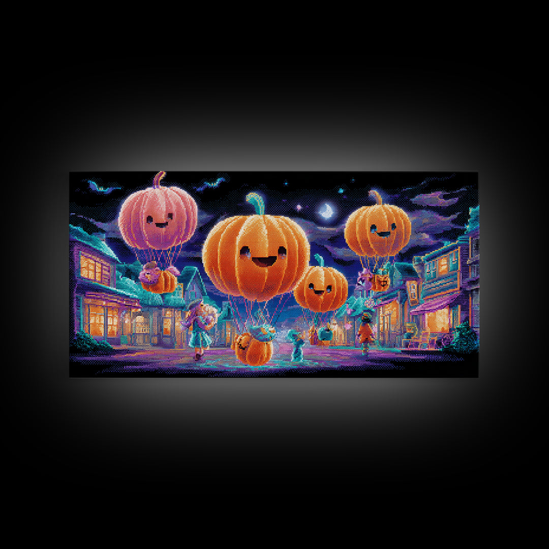 The Pumpkin Balloon Parade, 80s Halloween Wall Art, Wide Panoramic Art, Canvas Print, Retro Halloween Decor, Neon Wall Art