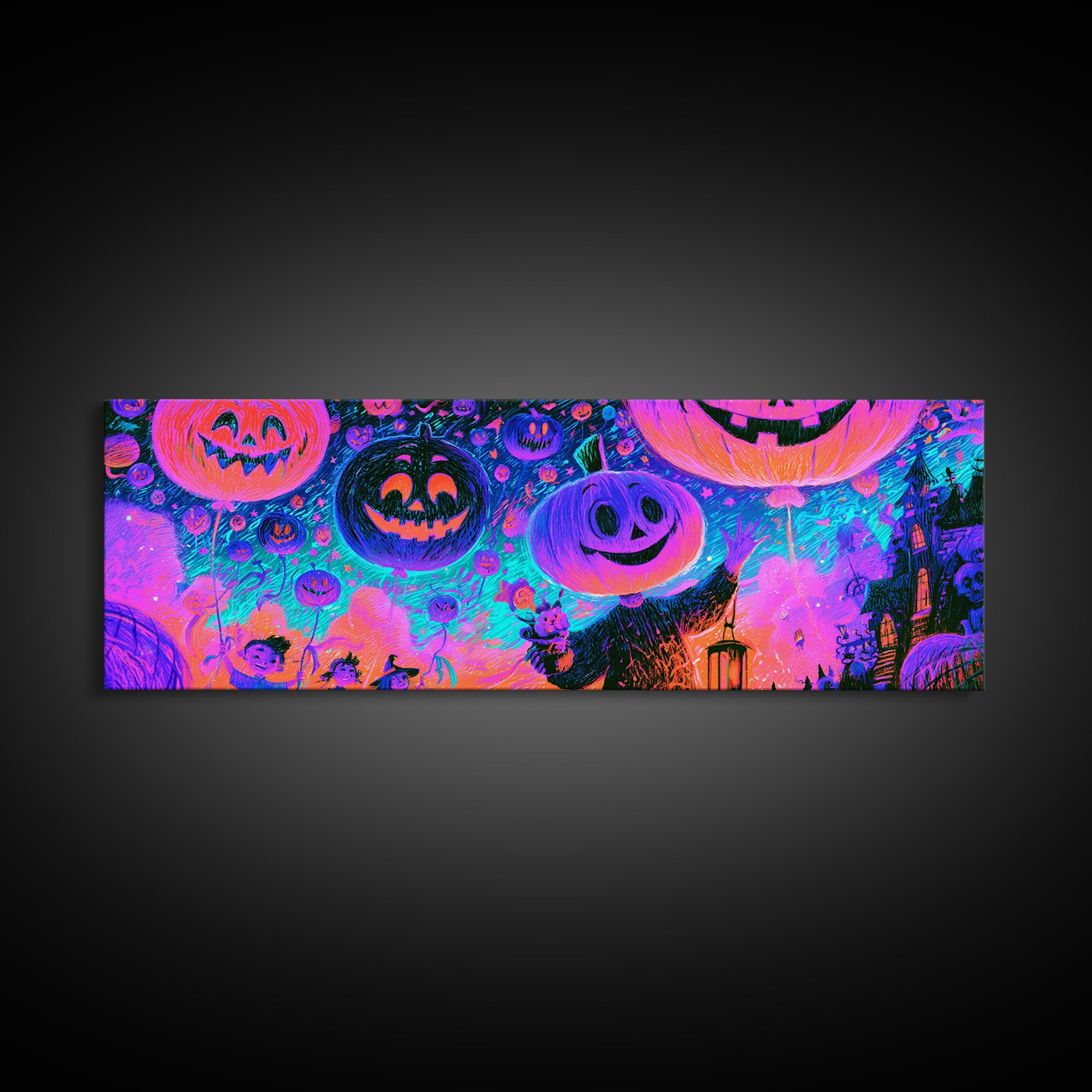 The Pumpkin Balloon Parade, Retro Neon Halloween Art, Extra Wide Wall Art, Framed Canvas Print, Retro Halloween Decor, Neon Wall Art