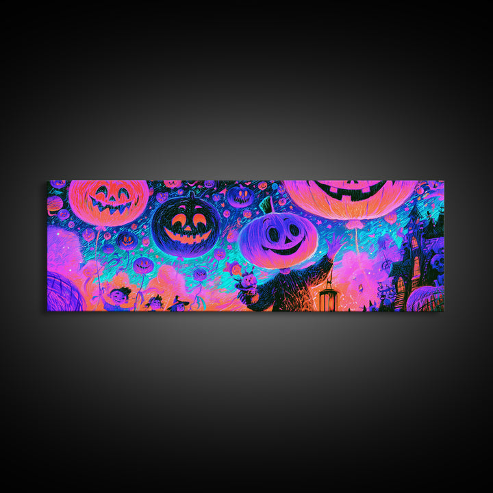 The Pumpkin Balloon Parade, Retro Neon Halloween Art, Extra Wide Wall Art, Framed Canvas Print, Retro Halloween Decor, Neon Wall Art