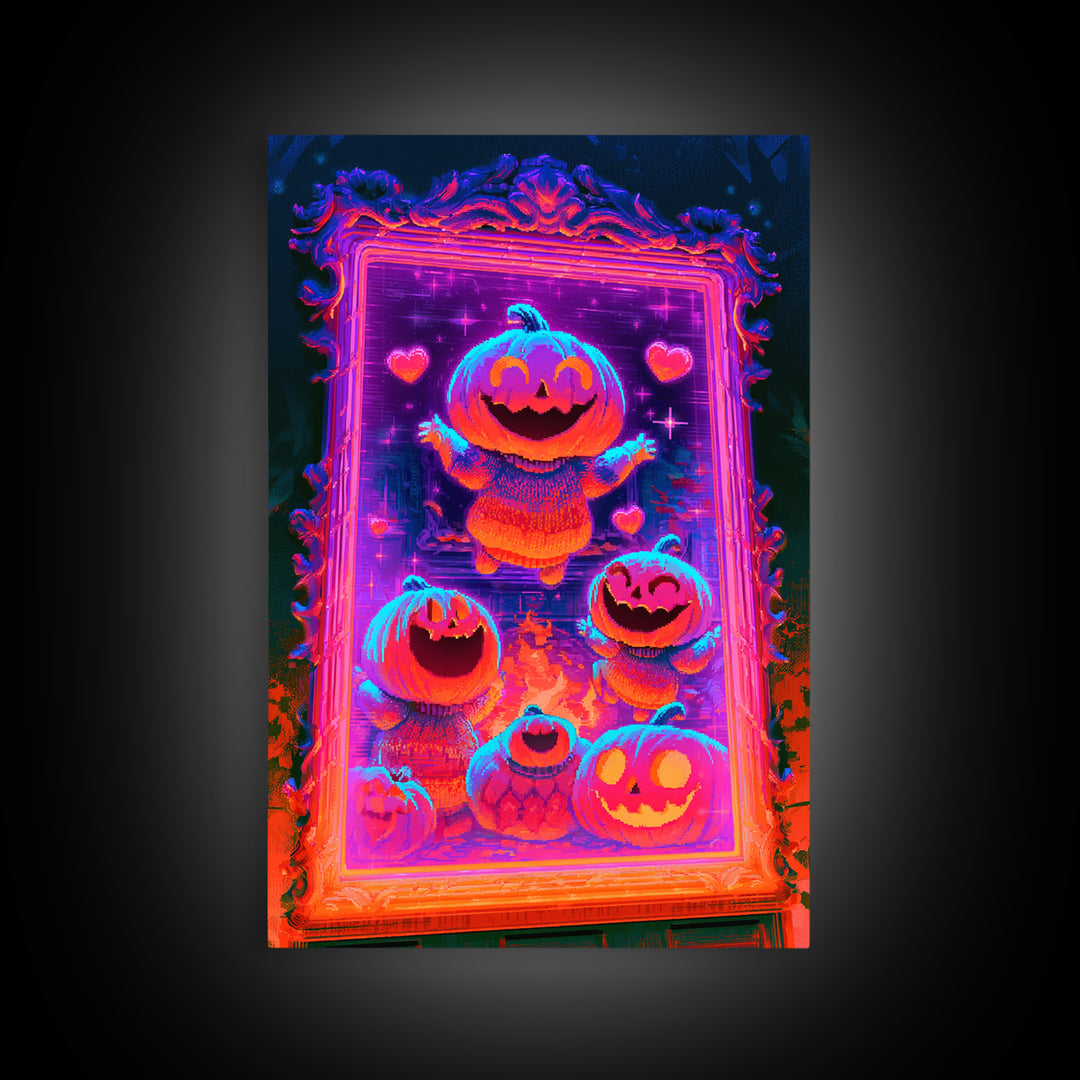 The Pumpkin Family Portrait, Synthwave Halloween Art, Vertical Wall Art, Framed Canvas Print, Retro Halloween Decor, Neon Wall Art