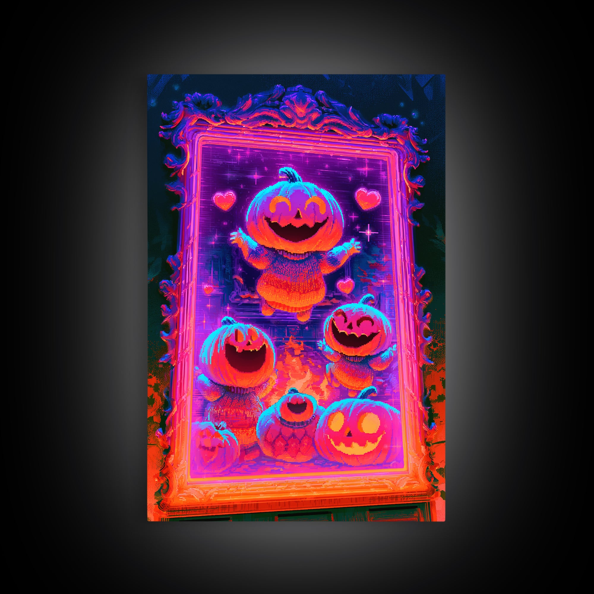 The Pumpkin Family Portrait, Synthwave Halloween Art, Vertical Wall Art, Framed Canvas Print, Retro Halloween Decor, Neon Wall Art
