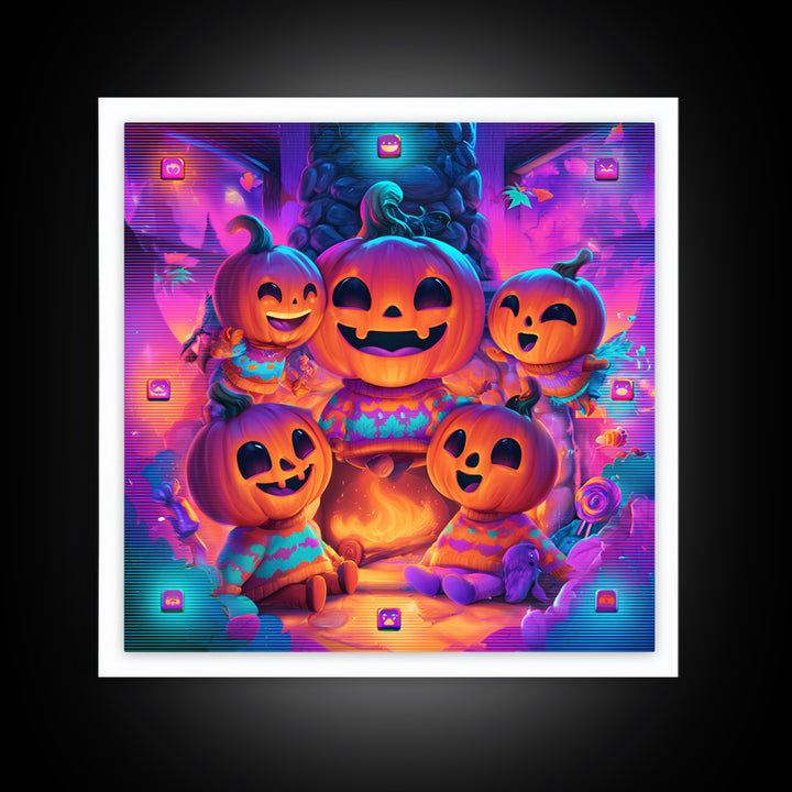 The Pumpkin Family Portrait, 80s Halloween Wall Art, Square Wall Art, Framed Canvas Print, Retro Halloween Decor, Neon Wall Art