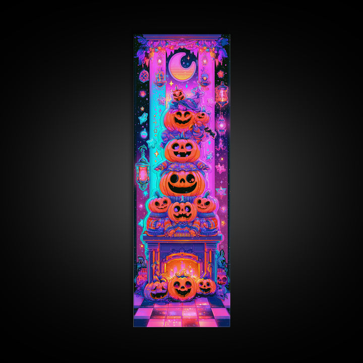 The Pumpkin Family Portrait, Retro Neon Halloween Art, Tall Narrow Wall Art, Canvas Print, Retro Halloween Decor, Neon Wall Art