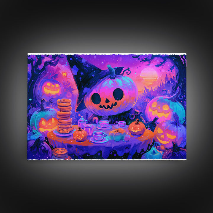 The Pumpkin Tea Party, Retro Neon Halloween Art, Landscape Wall Art, Framed Canvas Print, Retro Halloween Decor, Neon Wall Art
