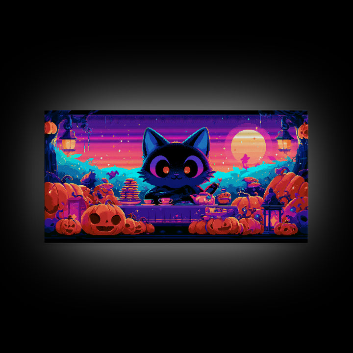 The Pumpkin Tea Party, 80s Halloween Wall Art, Wide Panoramic Art, Canvas Print, Retro Halloween Decor, Neon Wall Art