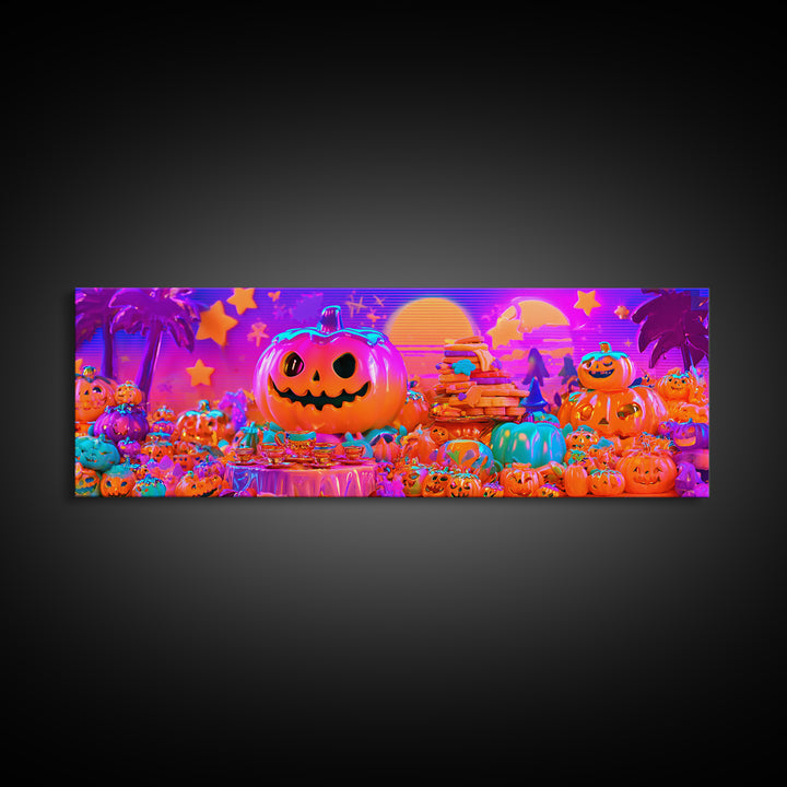 The Pumpkin Tea Party, Cute Spooky Neon Art, Extra Wide Wall Art, Framed Canvas Print, Retro Halloween Decor, Neon Wall Art