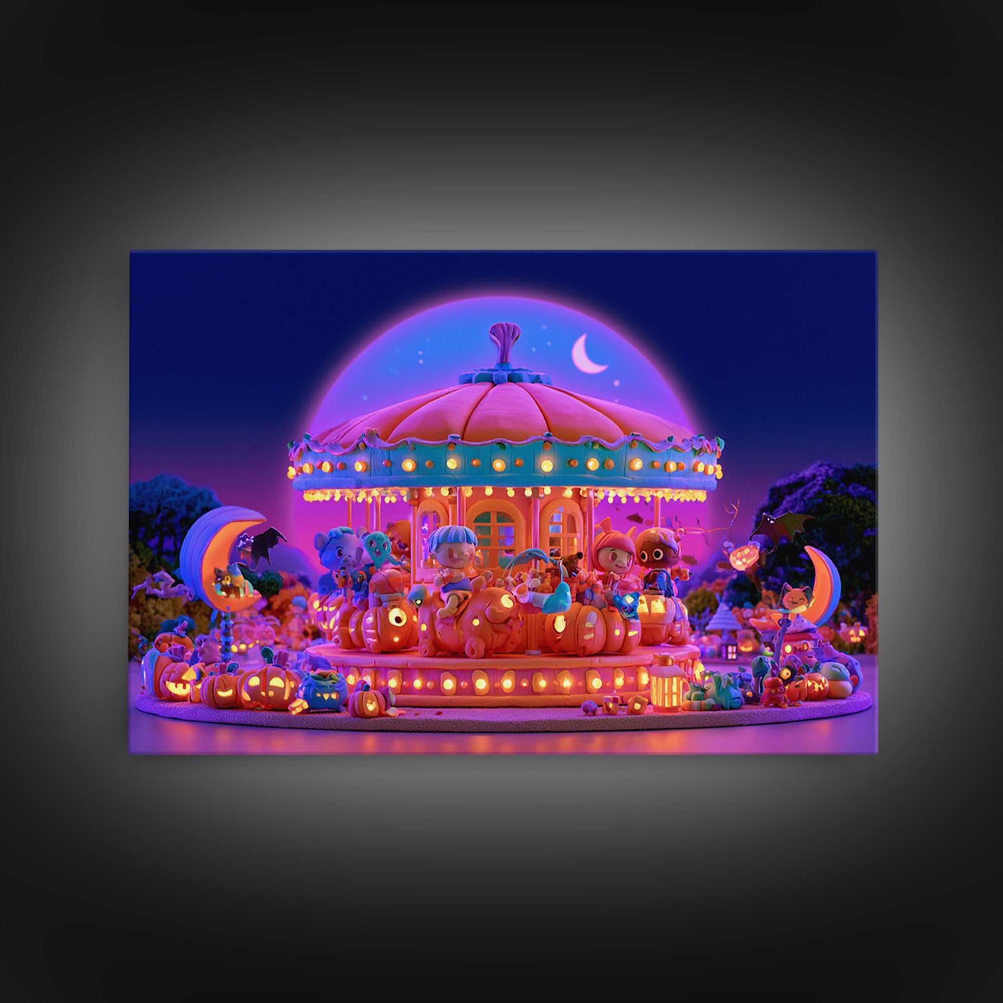The Pumpkin Carousel, Retro Neon Halloween Art, Landscape Wall Art, Framed Canvas Print, Retro Halloween Decor, Neon Wall Art