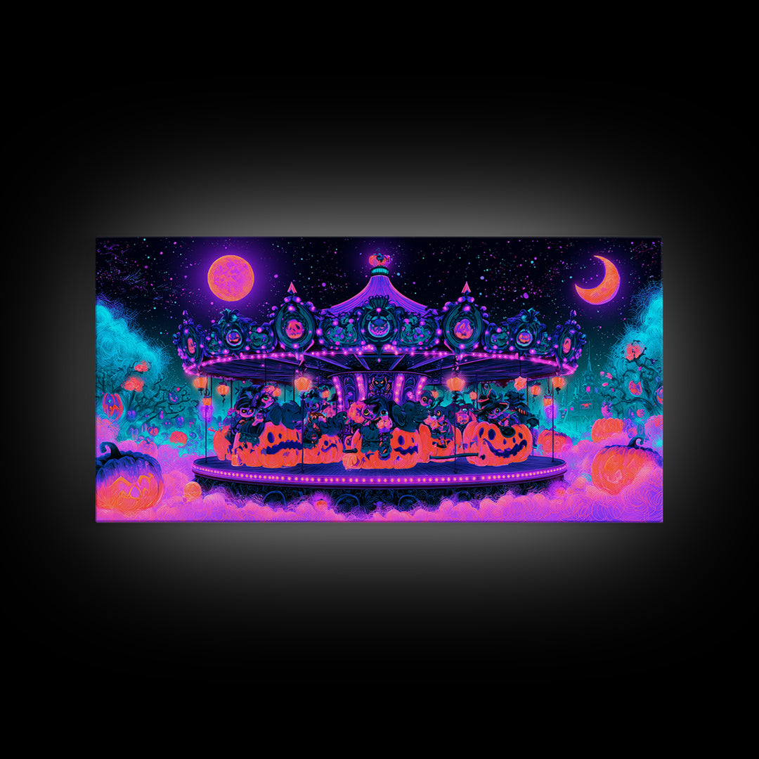 The Pumpkin Carousel, Synthwave Halloween Art, Wide Panoramic Art, Canvas Print, Retro Halloween Decor, Neon Wall Art, Statement Wall Art