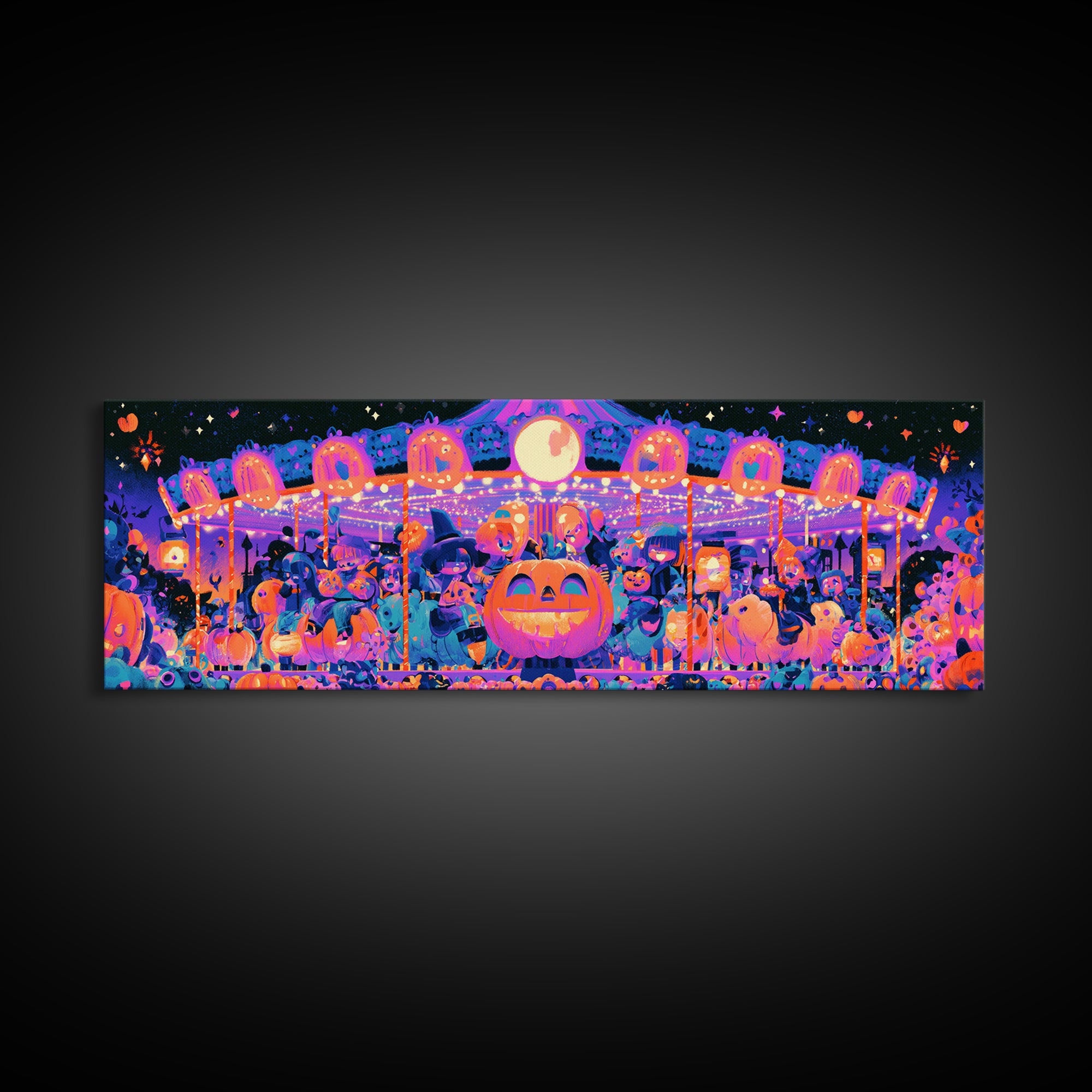 The Pumpkin Carousel, Synthwave Halloween Art, Extra Wide Wall Art, Framed Canvas Print, Retro Halloween Decor, Neon Wall Art