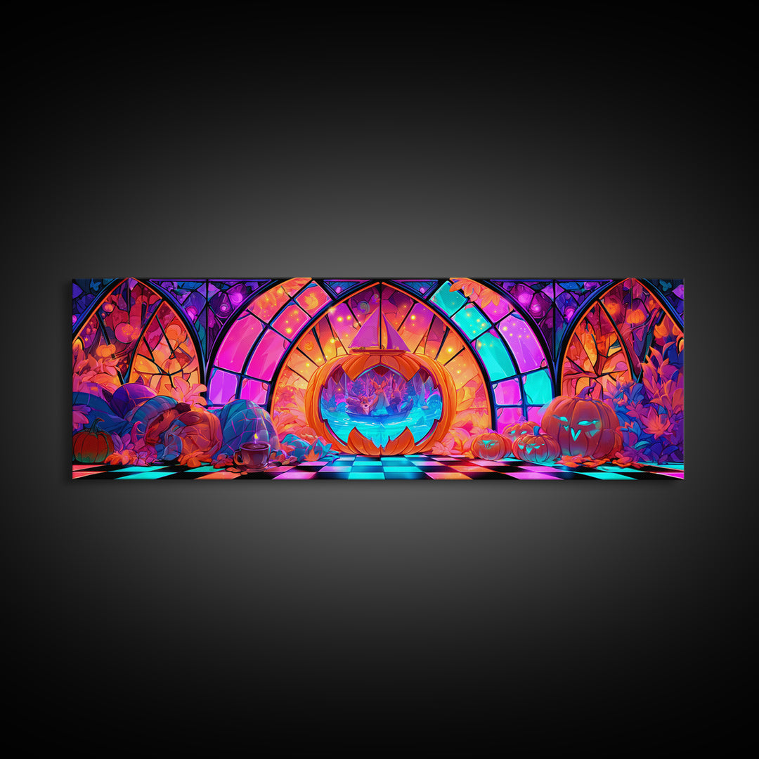 The Pumpkin Sailboat, Vaporwave Halloween Decor, Extra Wide Wall Art, Canvas Print, Retro Halloween Decor, Neon Wall Art