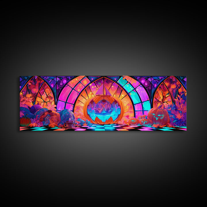 The Pumpkin Sailboat, Vaporwave Halloween Decor, Extra Wide Wall Art, Canvas Print, Retro Halloween Decor, Neon Wall Art