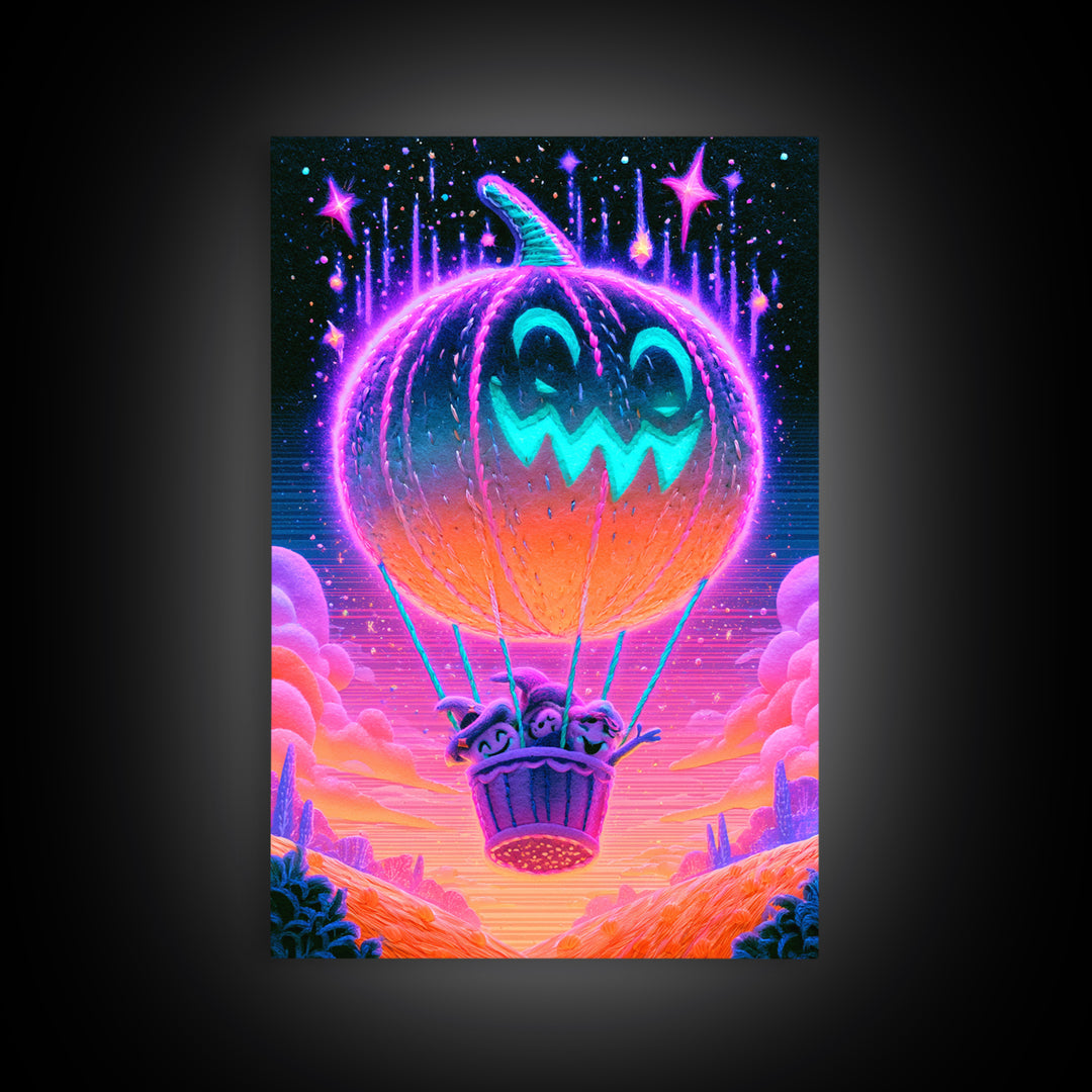 The Pumpkin Hot-Air Balloon, Cute Spooky Neon Art, Vertical Wall Art, Framed Canvas Print, Retro Halloween Decor, Neon Wall Art