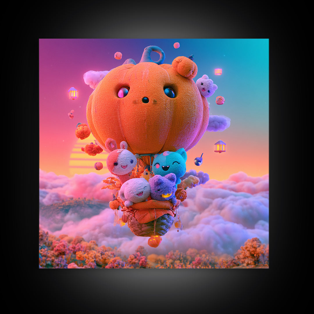 The Pumpkin Hot-Air Balloon, Cute Spooky Neon Art, Square Wall Art, Canvas Print, Retro Halloween Decor, Neon Wall Art, Dark Fantasy Art