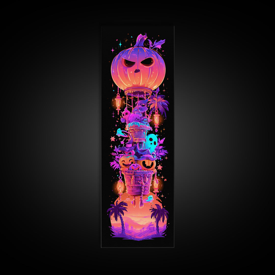 The Pumpkin Hot-Air Balloon, Synthwave Halloween Art, Tall Narrow Wall Art, Framed Canvas Print, Retro Halloween Decor, Neon Wall Art