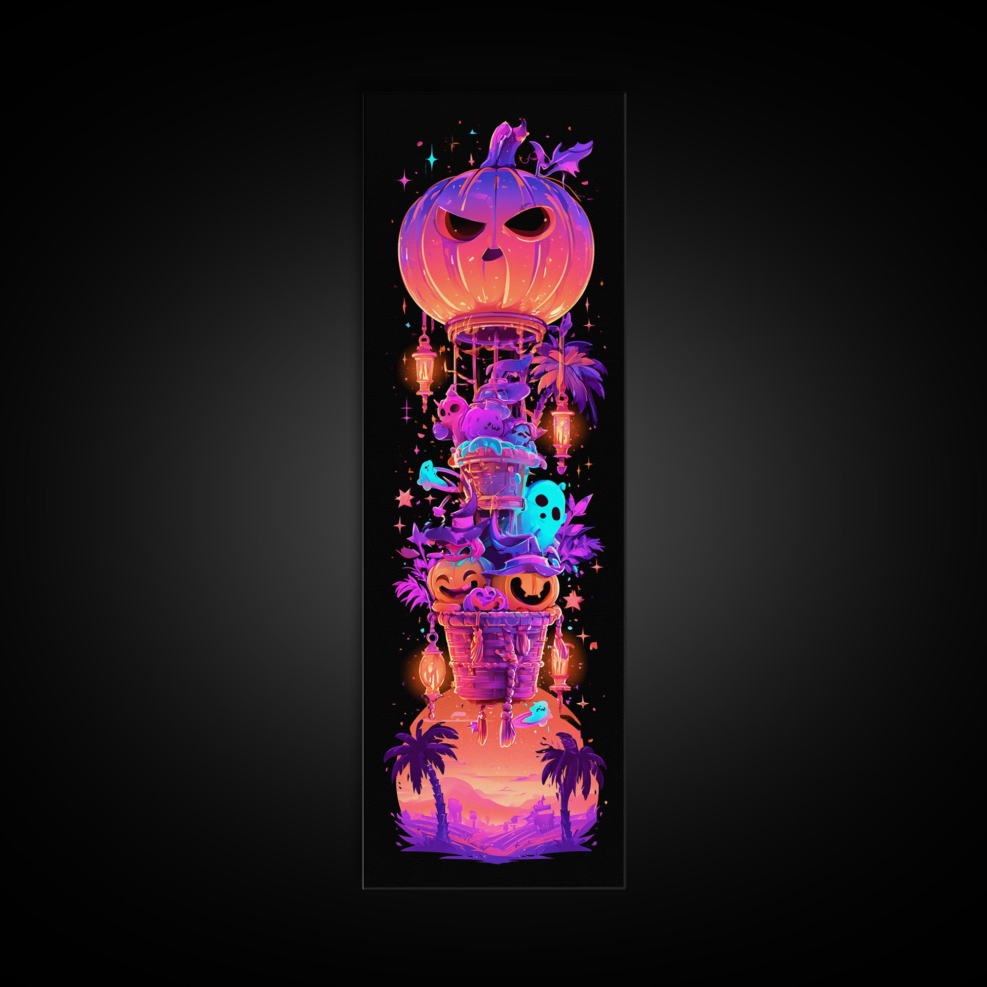 The Pumpkin Hot-Air Balloon, Synthwave Halloween Art, Tall Narrow Wall Art, Framed Canvas Print, Retro Halloween Decor, Neon Wall Art