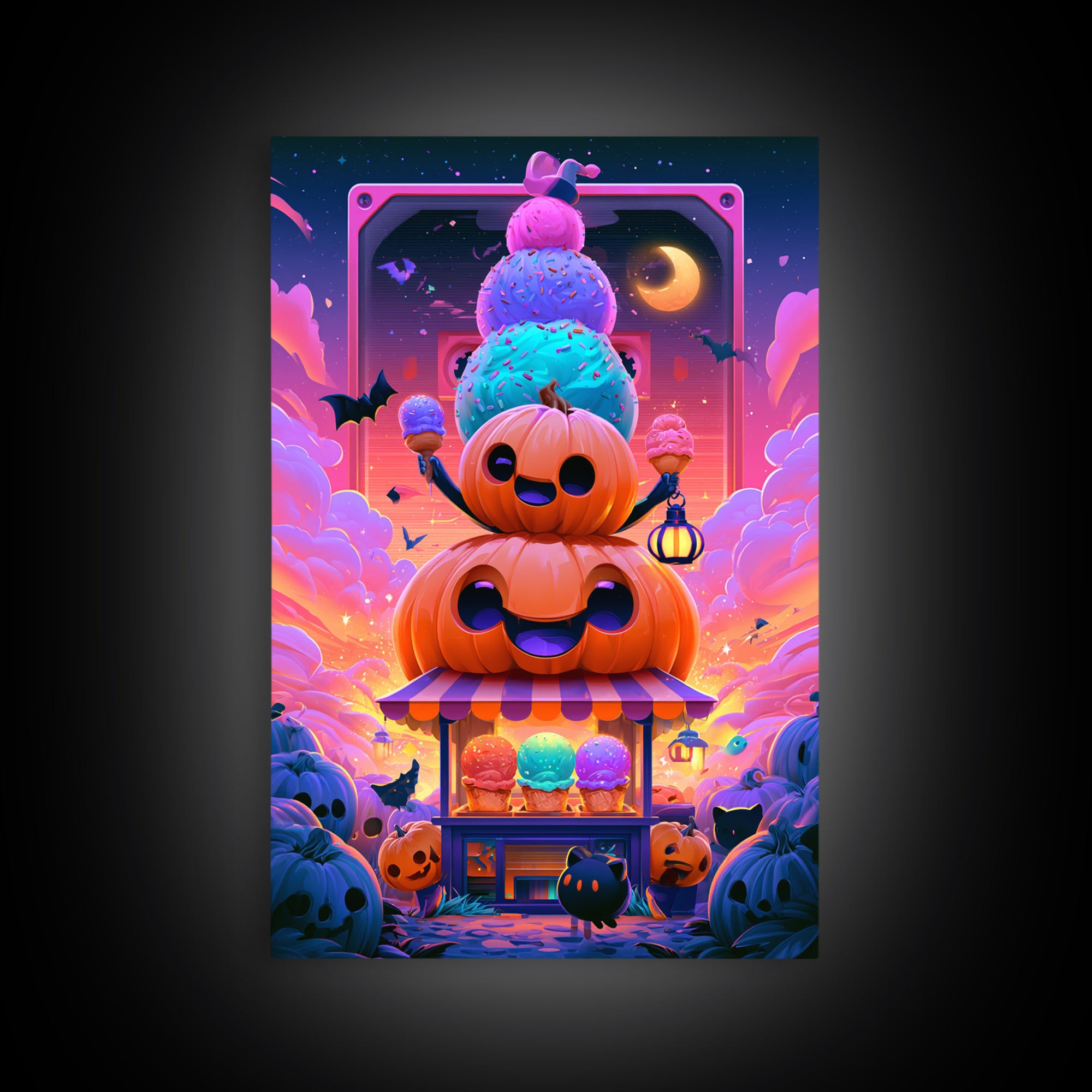The Pumpkin Ice-Cream Stand, Synthwave Halloween Art, Vertical Wall Art, Canvas Print, Retro Halloween Decor, Neon Wall Art