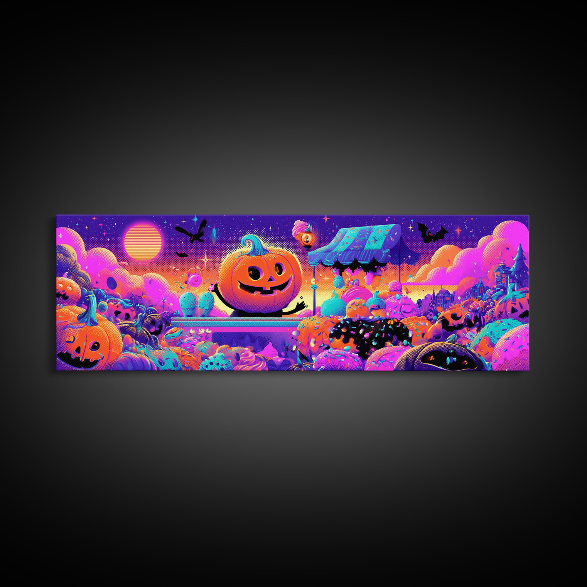 The Pumpkin Ice-Cream Stand, Retro Neon Halloween Art, Extra Wide Wall Art, Canvas Print, Retro Halloween Decor, Neon Wall Art