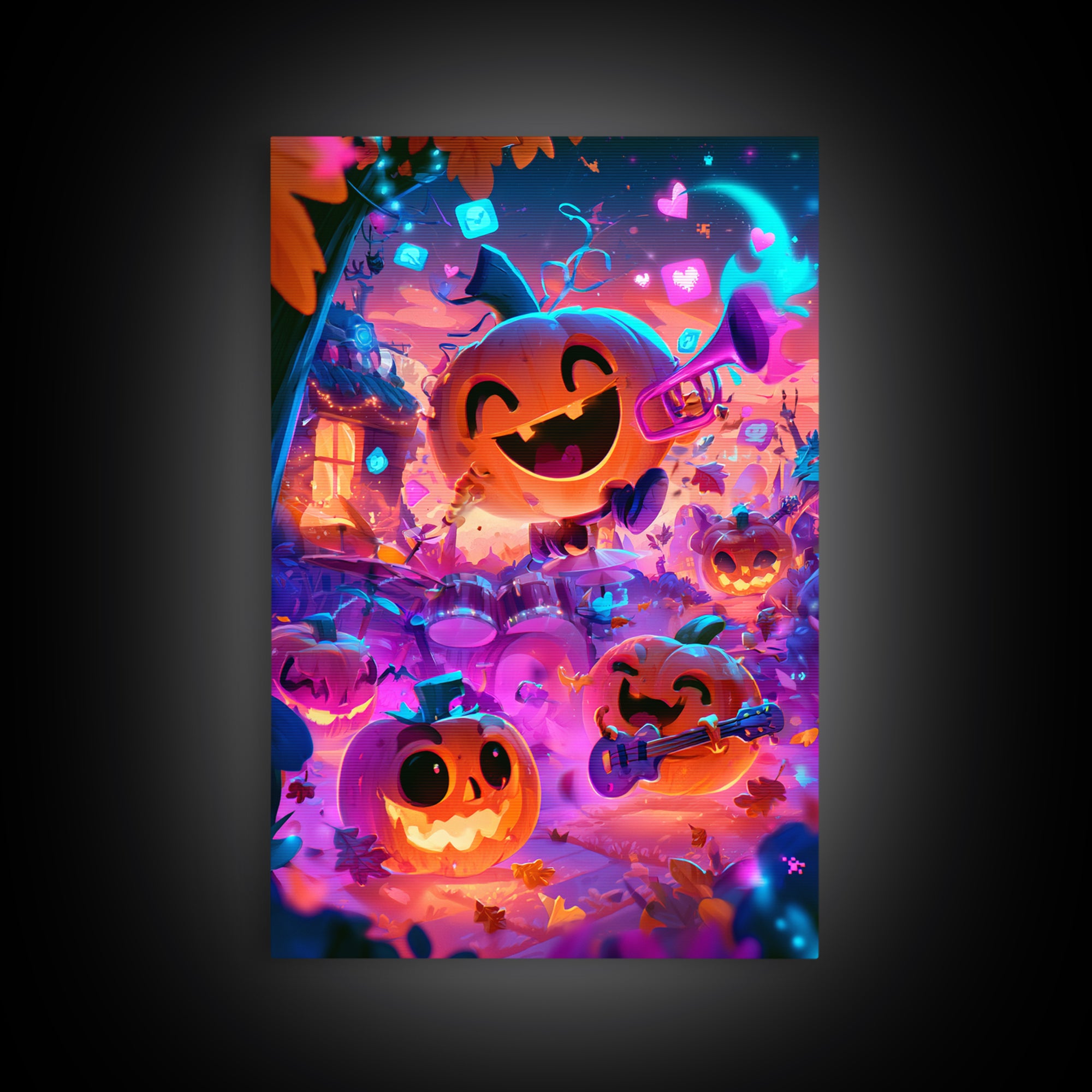 The Pumpkin Music Band, Cute Spooky Neon Art, Vertical Wall Art, Canvas Print, Retro Halloween Decor, Neon Wall Art, Halloween Wall Art