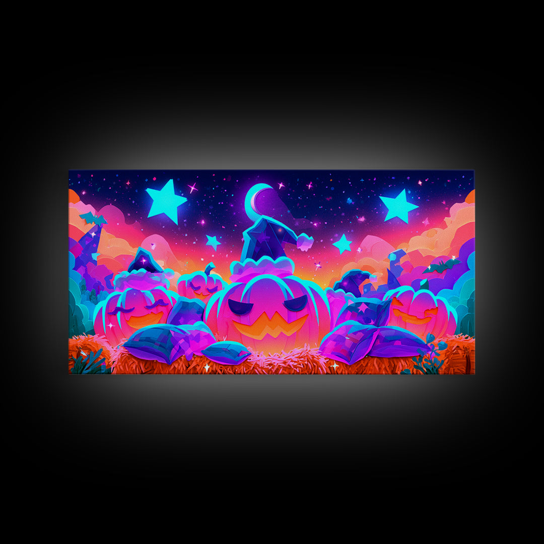 The Pumpkin Pajama Party, Synthwave Halloween Art, Wide Panoramic Art, Framed Canvas Print, Retro Halloween Decor, Neon Wall Art