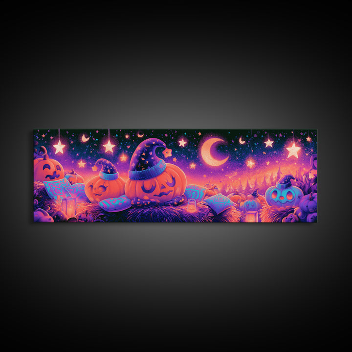 The Pumpkin Pajama Party, Synthwave Halloween Art, Extra Wide Wall Art, Framed Canvas Print, Retro Halloween Decor, Neon Wall Art