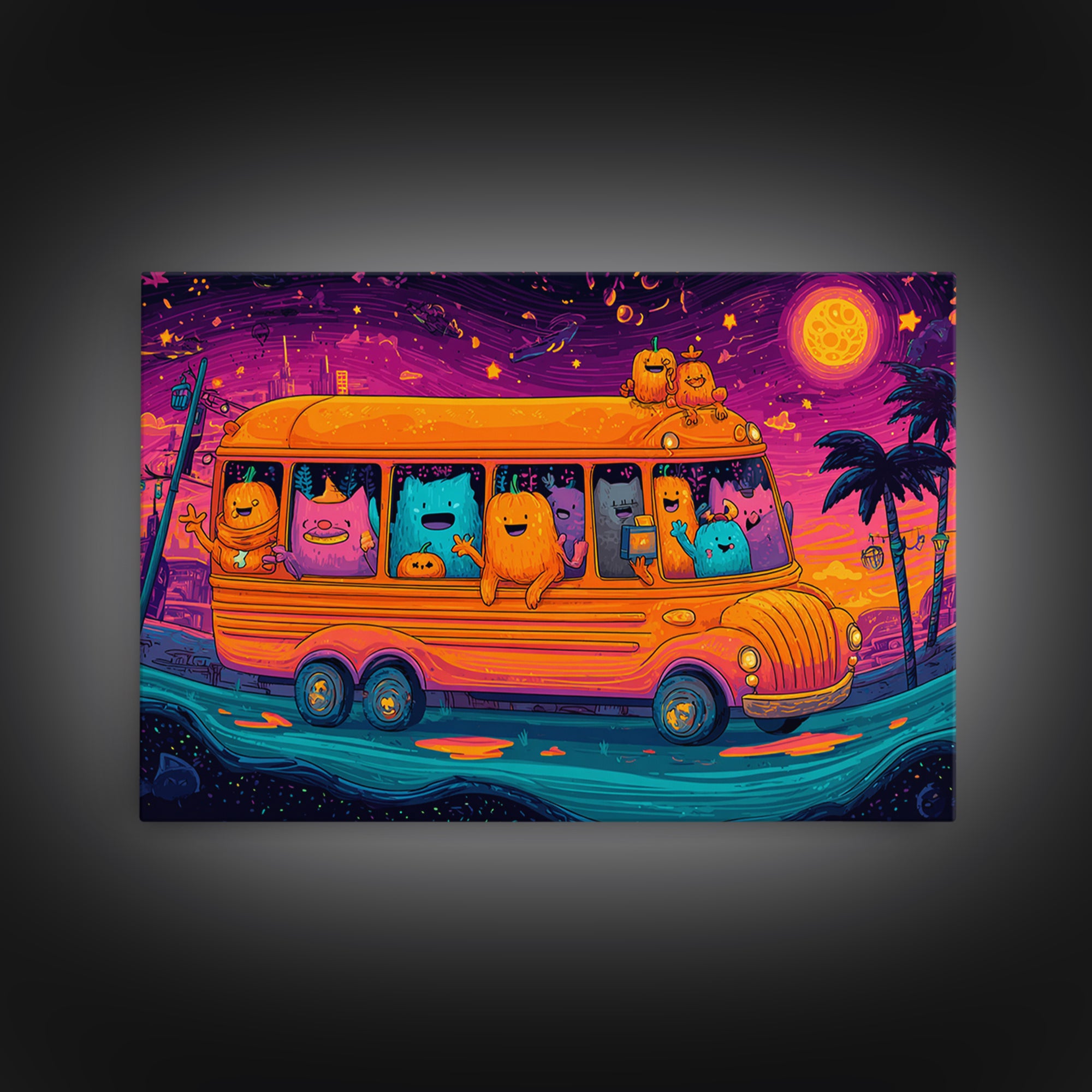 The Pumpkin School Bus, 80s Halloween Wall Art, Landscape Wall Art, Framed Canvas Print, Retro Halloween Decor, Neon Wall Art