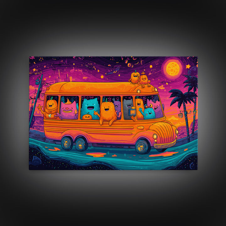The Pumpkin School Bus, 80s Halloween Wall Art, Landscape Wall Art, Framed Canvas Print, Retro Halloween Decor, Neon Wall Art