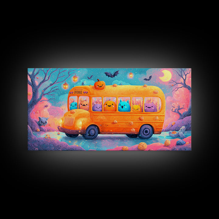 The Pumpkin School Bus, 80s Halloween Wall Art, Wide Panoramic Art, Canvas Print, Retro Halloween Decor, Neon Wall Art, Statement Wall Art