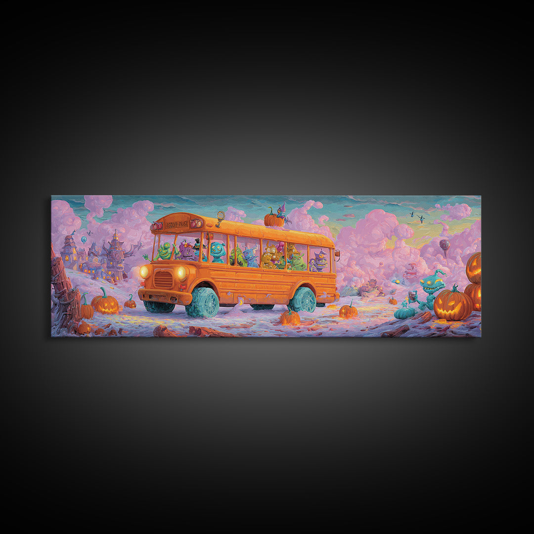 The Pumpkin School Bus, 80s Halloween Wall Art, Extra Wide Wall Art, Framed Canvas Print, Retro Halloween Decor, Neon Wall Art