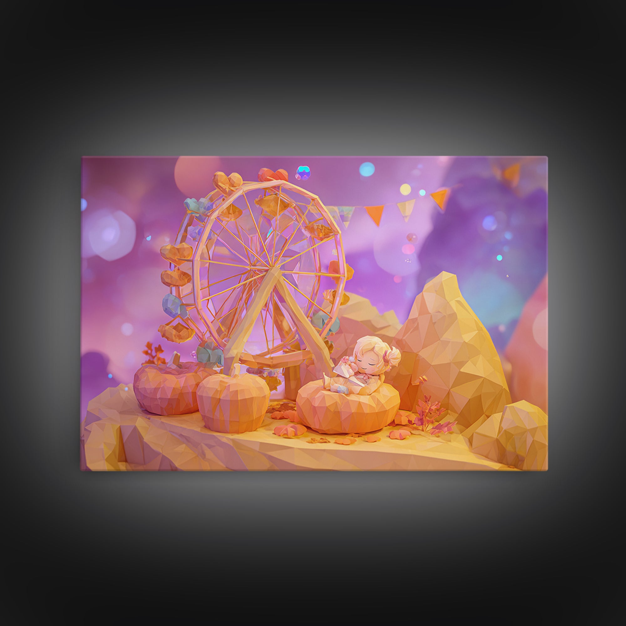 The Pumpkin Ferris Wheel, 80s Halloween Wall Art, Landscape Wall Art, Canvas Print, Retro Halloween Decor, Neon Wall Art, Dark Fantasy Art