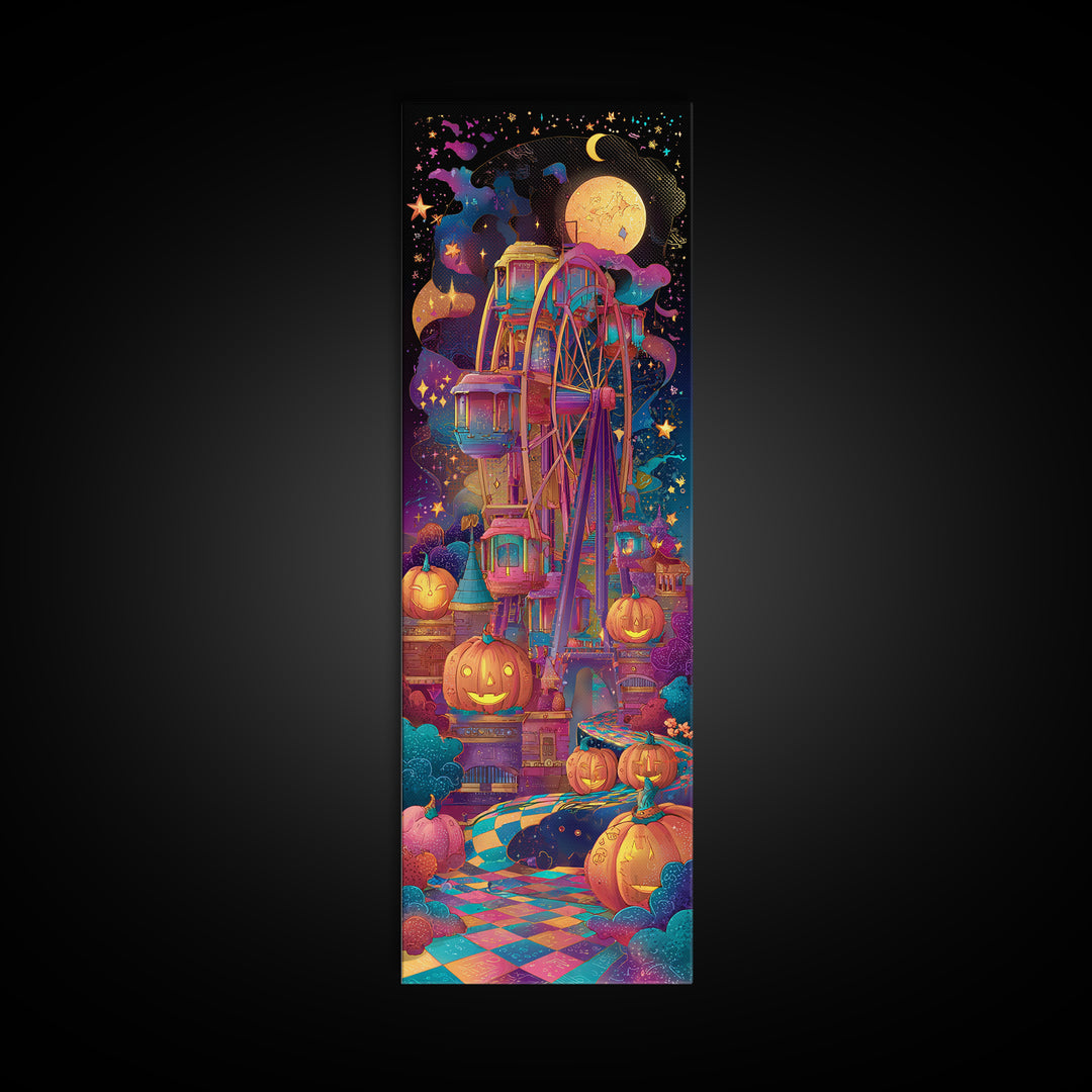 The Pumpkin Ferris Wheel, Retro Neon Halloween Art, Tall Narrow Wall Art, Framed Canvas Print, Retro Halloween Decor, Neon Wall Art