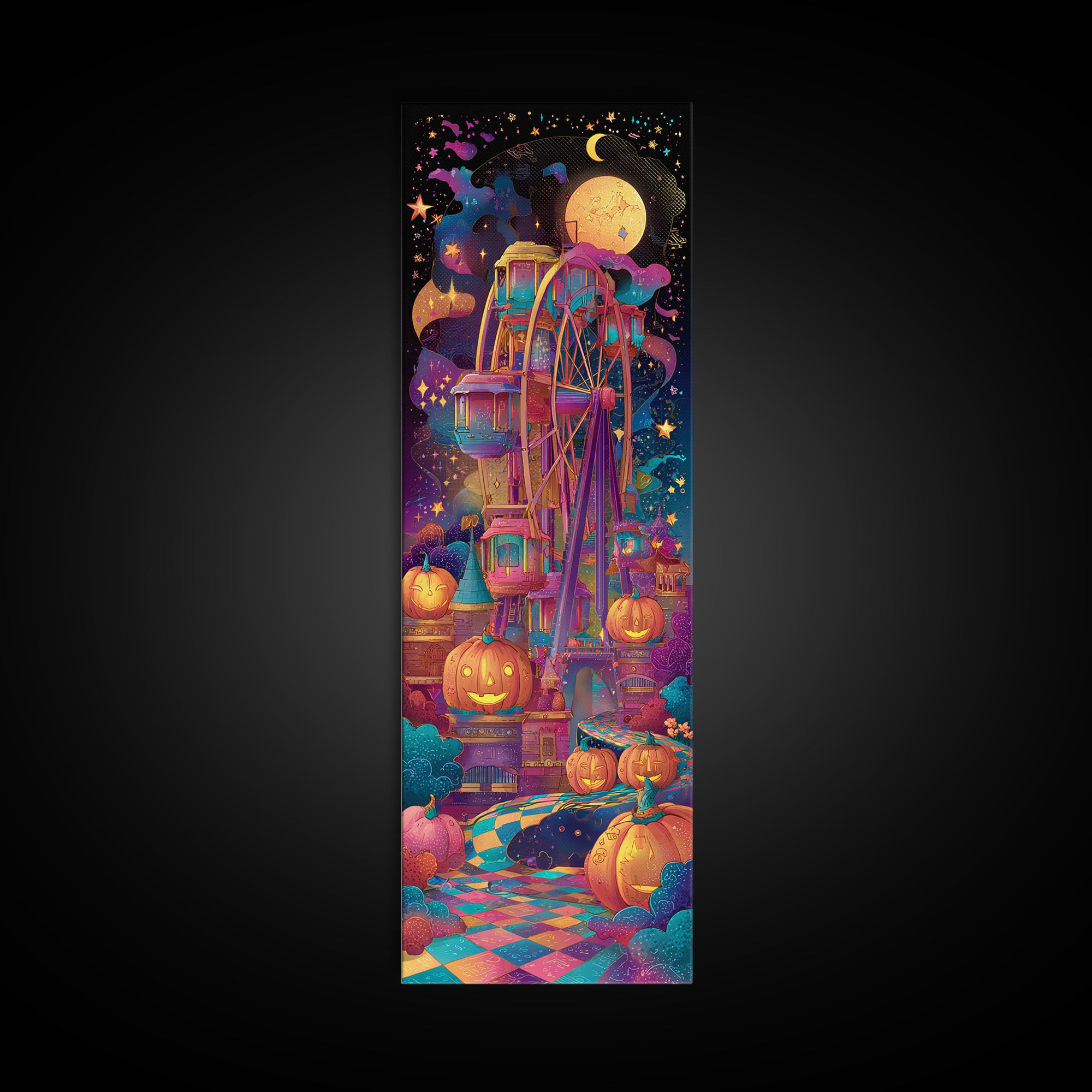 The Pumpkin Ferris Wheel, Retro Neon Halloween Art, Tall Narrow Wall Art, Framed Canvas Print, Retro Halloween Decor, Neon Wall Art
