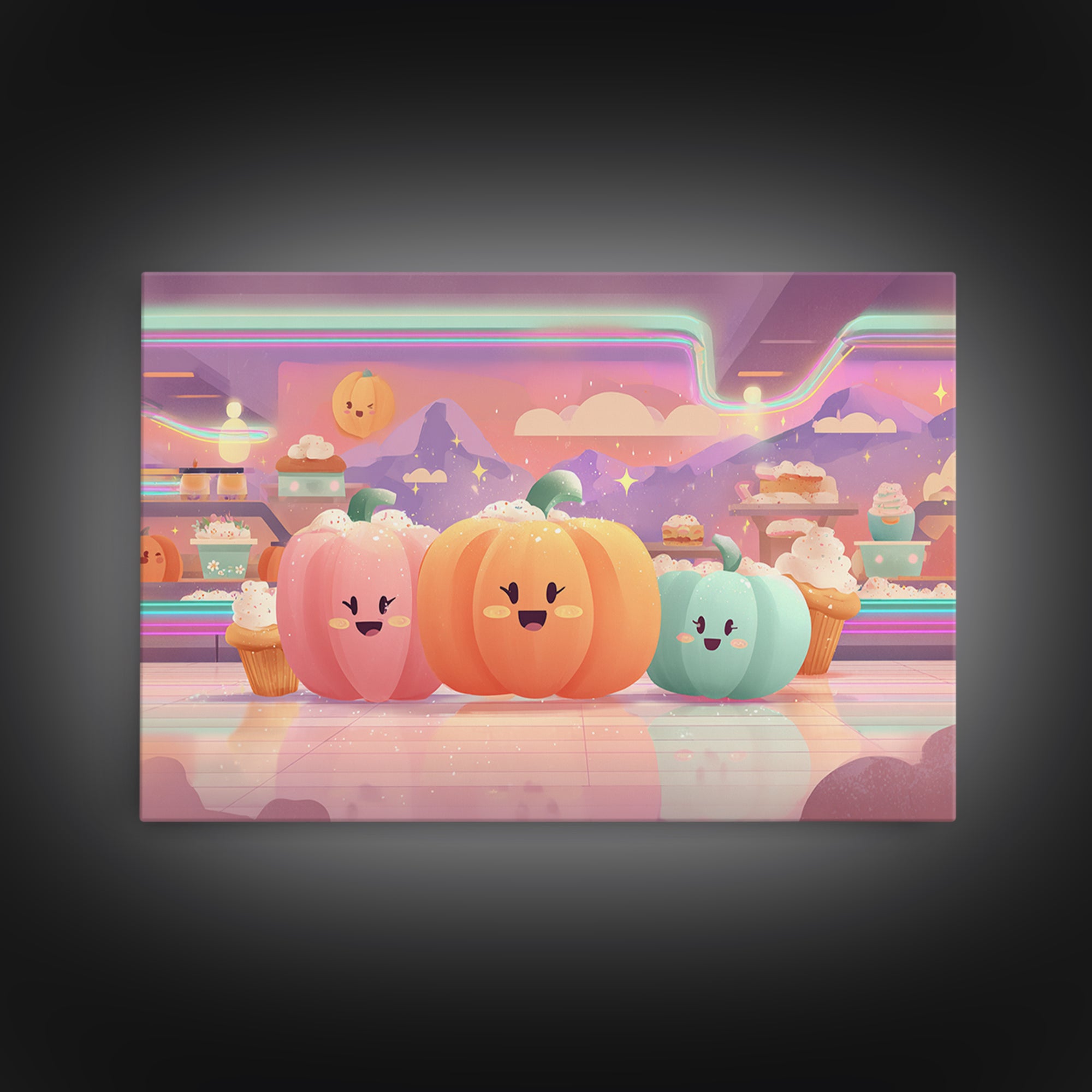 The Pumpkin Bakery, Vaporwave Halloween Decor, Landscape Wall Art, Framed Canvas Print, Retro Halloween Decor, Neon Wall Art