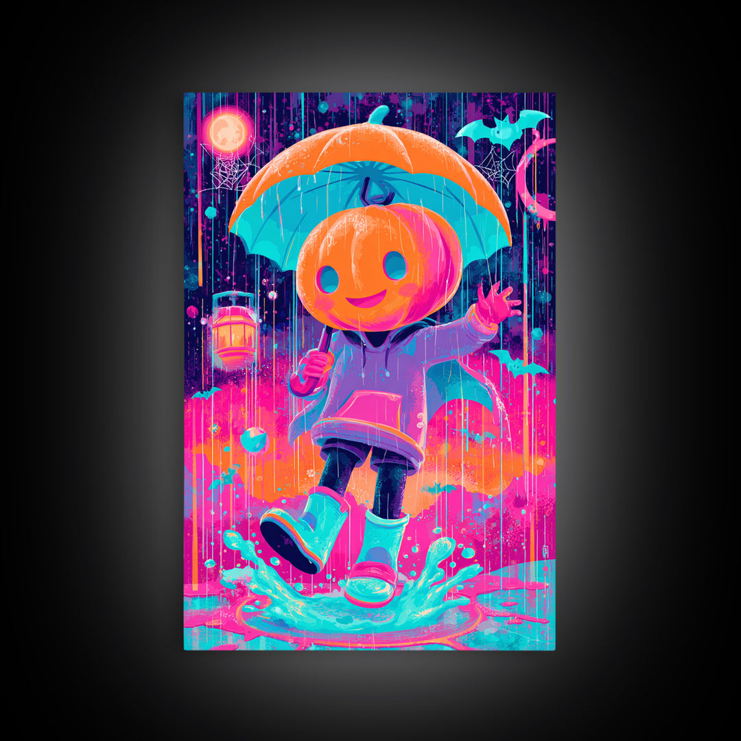 The Pumpkin Umbrella, Cute Spooky Neon Art, Vertical Wall Art, Canvas Print, Retro Halloween Decor, Neon Wall Art, Spooky Wall Decor